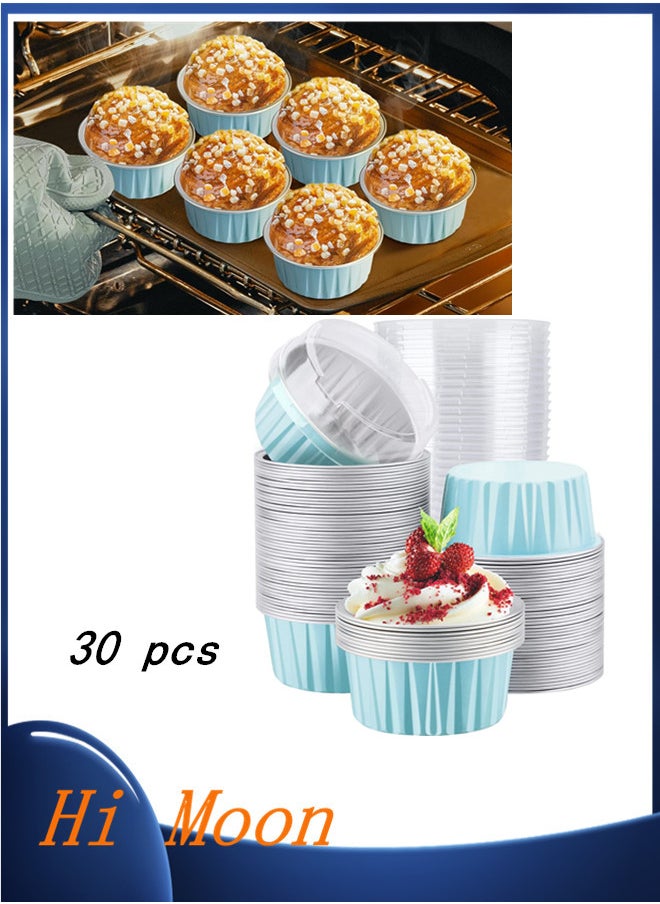 Hi Moon 25Packs 5oz Disposable Ramekins with Lids, Lake Blue Aluminum Foil Mini Muffin Liners, Dessert Cheesecake Pan Creme Brulee Cupcake Ramekins Containers for Catering Gathering Club Wedding Party  - Image 1