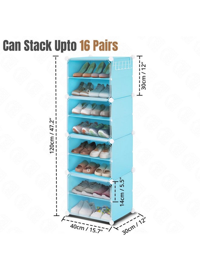 ABOUT SPACE Shoe Rack Organizer - 12 Layer Shoe Stand with Hanger & Door for Home - DIY 16 Pair Portable, Expandable 4 Cube Shoe Stand for Women, Men, Outdoor (Blue- L 40 x B 30 x H 120 cm) - Plastic - Image 2