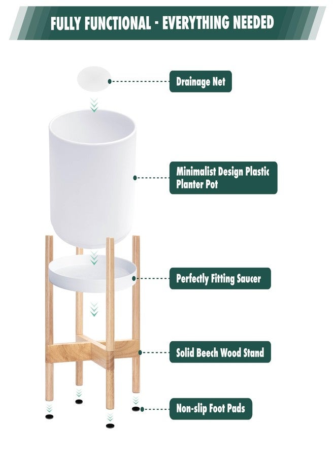 D'vine Dev Planter Pot with Stand - 8 Inch Plastic Cylinder Flower Pot with Wood Planter Holder for Indoor, Matte White Pot + Natural Stand, 55-C-J-1 - Image 5