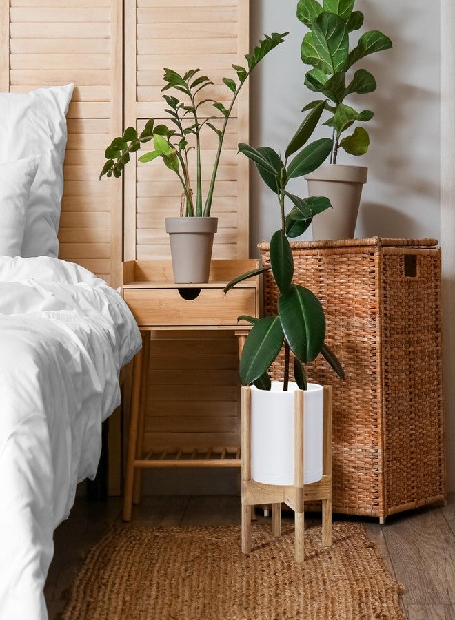 D'vine Dev Planter Pot with Stand - 8 Inch Plastic Cylinder Flower Pot with Wood Planter Holder for Indoor, Matte White Pot + Natural Stand, 55-C-J-1 - Image 4