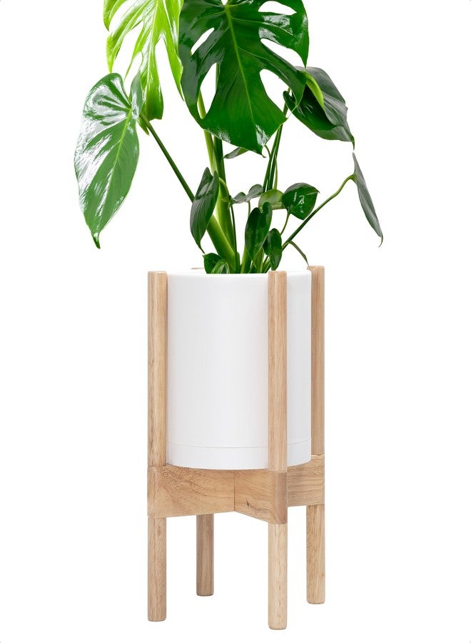 D'vine Dev Planter Pot with Stand - 8 Inch Plastic Cylinder Flower Pot with Wood Planter Holder for Indoor, Matte White Pot + Natural Stand, 55-C-J-1 - Image 1