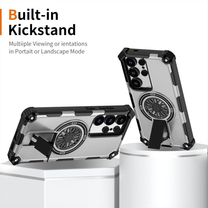 إيروريكس جراب هاتف مقاوم للصدمات مع مسند معدني لهاتف Samsung Galaxy S25 Ultra 5G (فضي) - Image 2