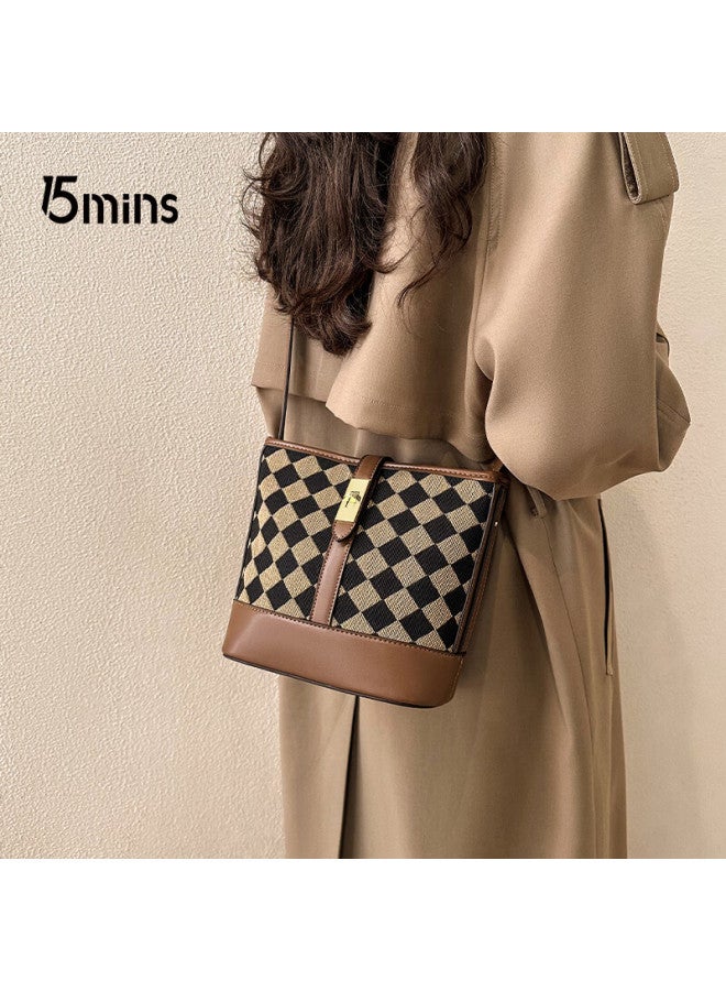 15MINS 15minutes Women's Handbag, Plaid Pattern, New Light Luxury Crossbody Bag, Fashionable Bucket Bag, Ladies' Purse, Birthday Gift - Image 1