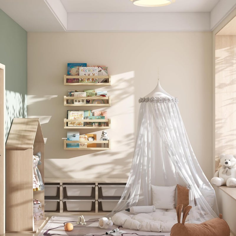 Onlysky Set of 4 Wall-Mounted Kid's Bookshelf - White Floating Nursery Book Shelves - Durable Wood Construction - Ideal for Nursery Decor, Kids Room, Toy Storage, ETJ001 - Image 2