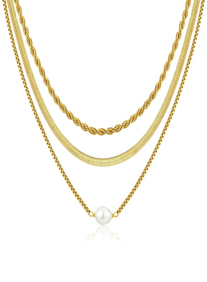 BERISO 14K Gold Plated Layered Necklace for Women, 3 Layer Dainty Gold Necklace with Minimalist Pendant, Elegant Everyday Gold Jewelry Gift, Brass, No Gemstone - Image 1