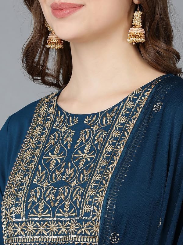 Vaamsi Women's Viscose Rayon Embroidered Kurta Pant With Dupatta (VKSKD1480_S_Teal) - Image 4