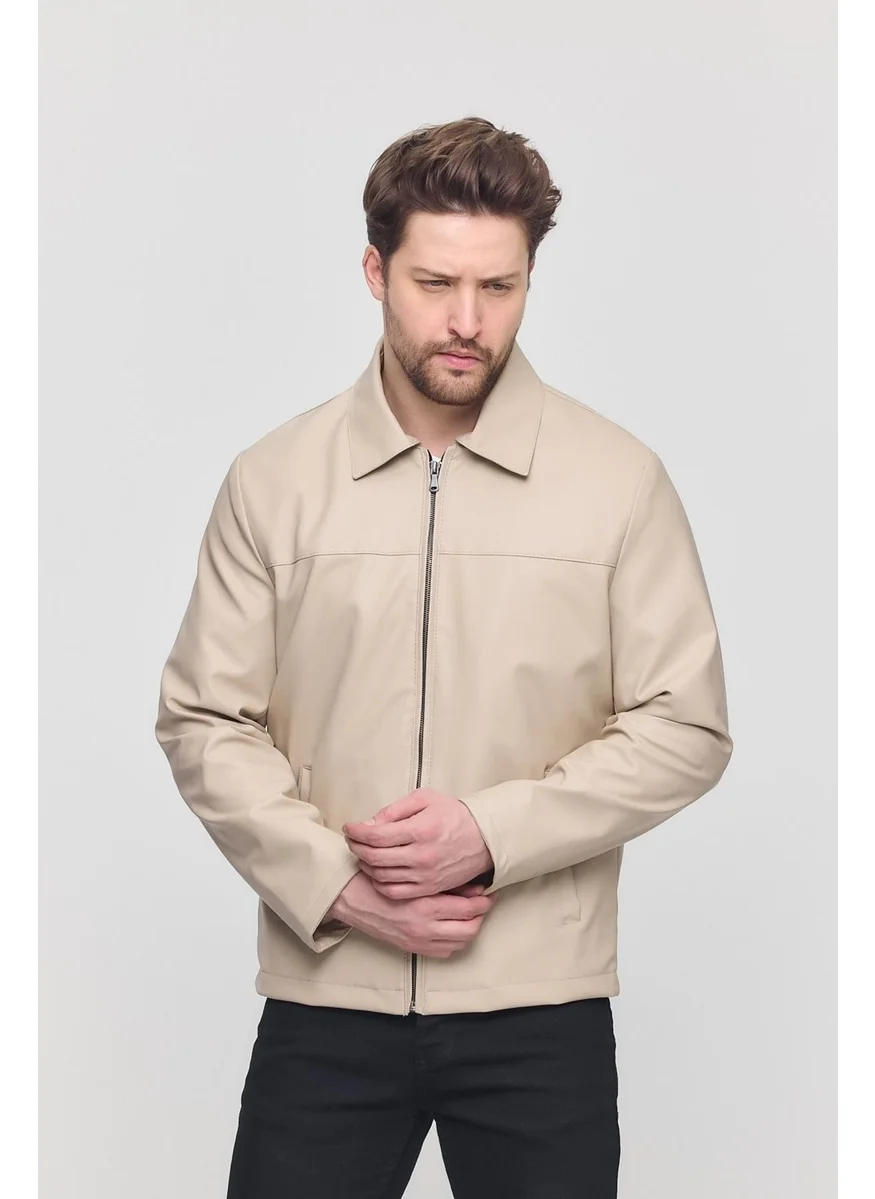 سيفيست Cream Men's Basic Faux Leather Summer Jacket & Coat