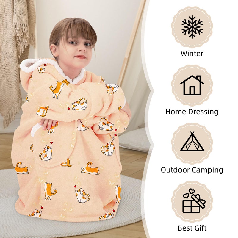 Zando Zando Cat Blanket Hoodie Yellow Blanket Kids Oversized Wearable Blanket Hoodies Cozy Warm Hooded Blanket for Boys Girls Sherpa Blanket Hoodie with Pocket Thick Fleece Sweater Blanket Gift for Teens - Image 4