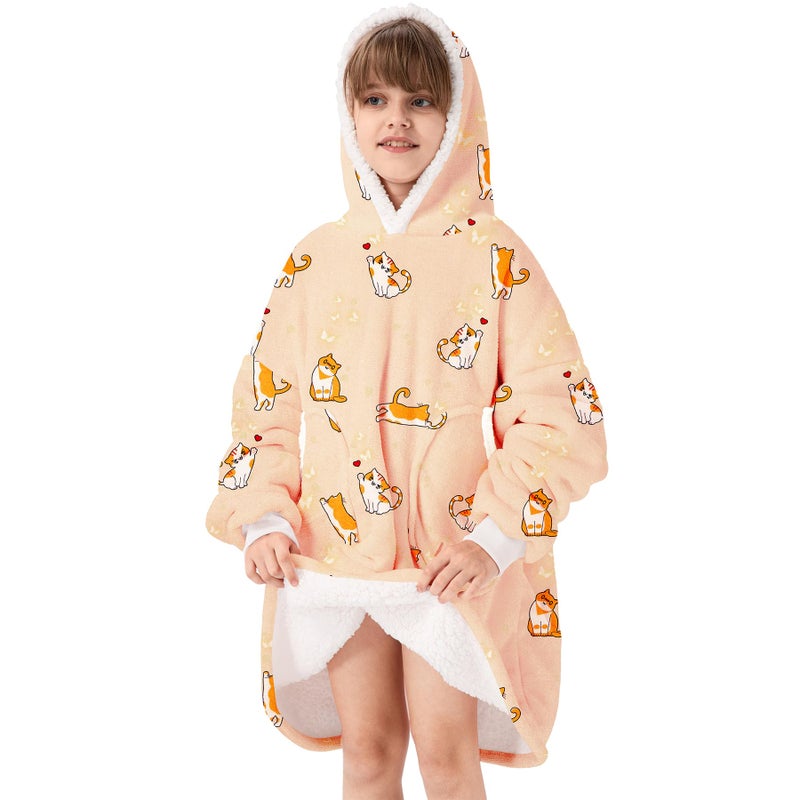 Zando Zando Cat Blanket Hoodie Yellow Blanket Kids Oversized Wearable Blanket Hoodies Cozy Warm Hooded Blanket for Boys Girls Sherpa Blanket Hoodie with Pocket Thick Fleece Sweater Blanket Gift for Teens - Image 1