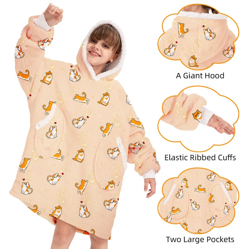 Zando Zando Cat Blanket Hoodie Yellow Blanket Kids Oversized Wearable Blanket Hoodies Cozy Warm Hooded Blanket for Boys Girls Sherpa Blanket Hoodie with Pocket Thick Fleece Sweater Blanket Gift for Teens - Image 3