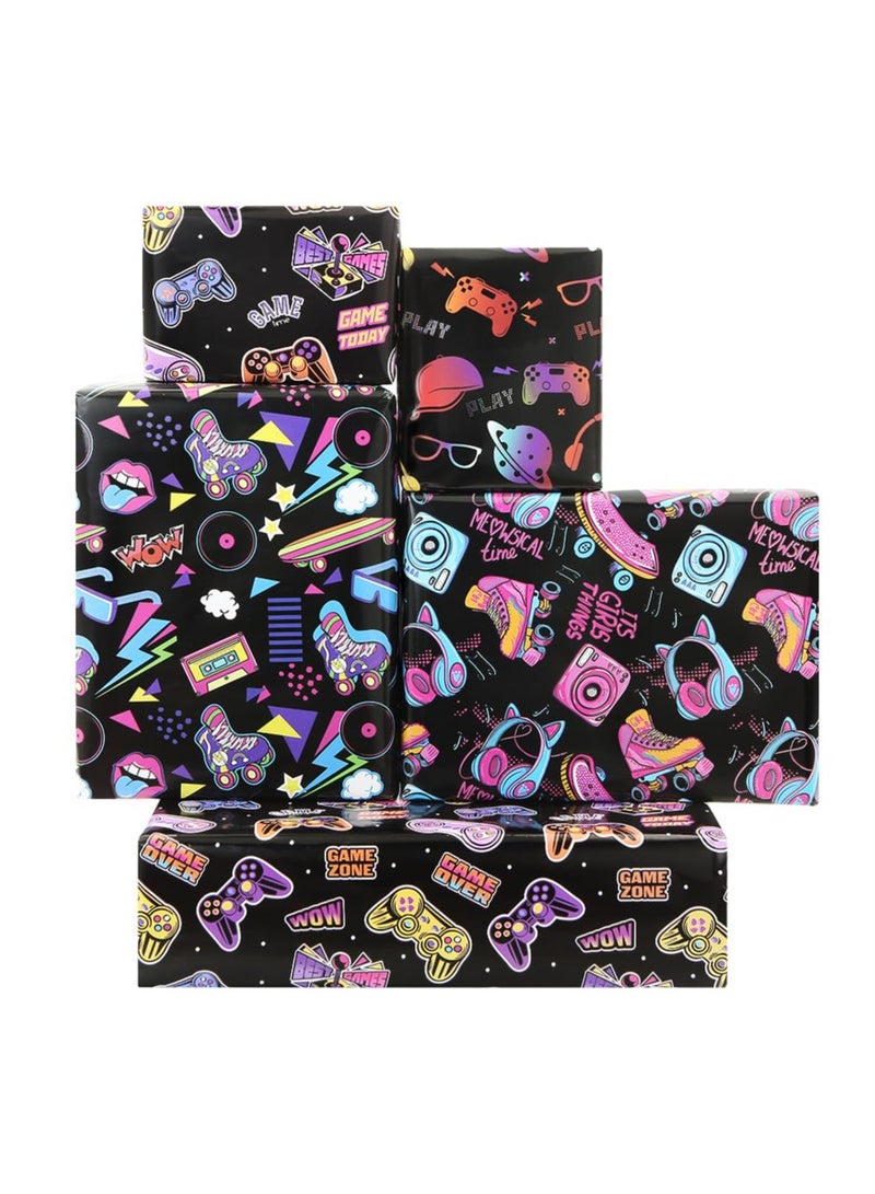 SYOSI Gaming Wrapping Paper for Gift Boy Girl Kids, Hip-Hop Graffiti Video Game Electronic Music Birthday Wrapping Paper, 4 Sheets Folded Flat 50x70cm Gift Paper for 90s 80s Neon Retro Birthday Party - Image 1