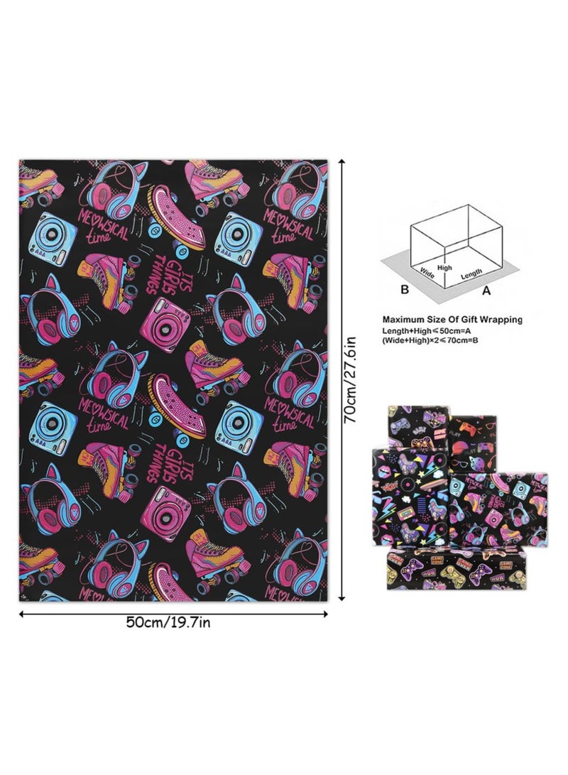 SYOSI Gaming Wrapping Paper for Gift Boy Girl Kids, Hip-Hop Graffiti Video Game Electronic Music Birthday Wrapping Paper, 4 Sheets Folded Flat 50x70cm Gift Paper for 90s 80s Neon Retro Birthday Party - Image 3