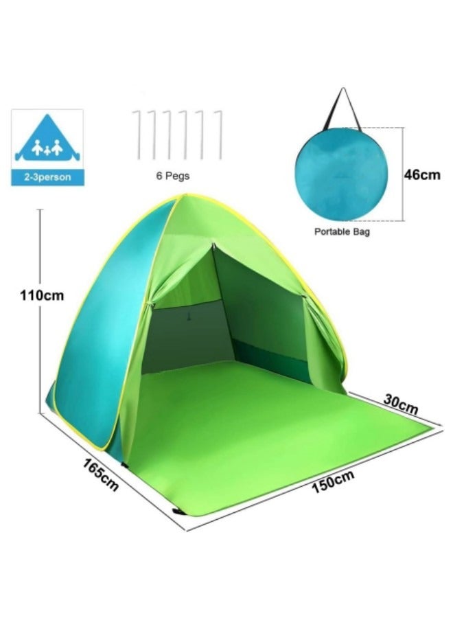 GGEROU خيمة شاطئية، خيمة شاطئ سهلة الطي، خيمة شاطئية محمولة مع حقيبة حمل، خيمة شمسية فورية مضادة للأشعة فوق البنفسجية، UPF 50+، لعدد 2-3 أشخاص، باللون الأخضر - Image 2