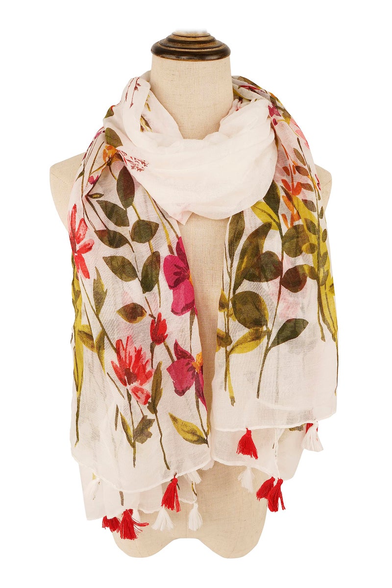 YOUR SMILE Large Boho Scarf for Women Lightweight Floral Printed Scarves Fall Winter Fashion Fringed Shawl wraps (08 White/Pink Floral) - Image 2