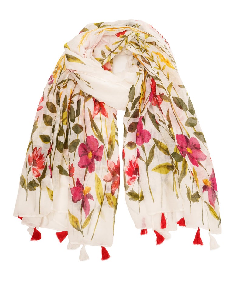 YOUR SMILE Large Boho Scarf for Women Lightweight Floral Printed Scarves Fall Winter Fashion Fringed Shawl wraps (08 White/Pink Floral) - Image 1