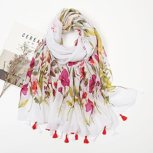 YOUR SMILE Large Boho Scarf for Women Lightweight Floral Printed Scarves Fall Winter Fashion Fringed Shawl wraps (08 White/Pink Floral) - Image 4