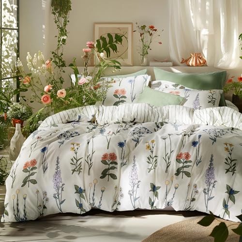 Bedsure Comforter Set King Size  Cute Floral Bedding Comforter Set 3 Pieces 1 Soft Reversible Coconut White Botanical Flowers Comforter and Pillow Shams