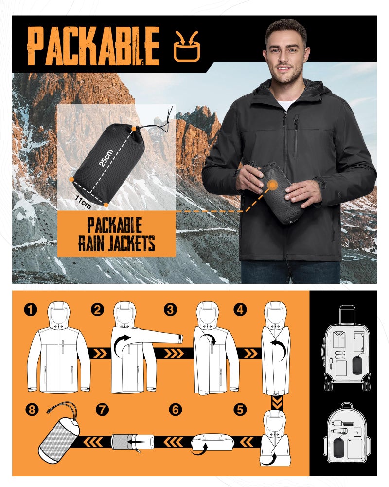 33,000ft Men's Packable Rain Jacket Lightweight Rain Shell Jacket with Hood Waterproof Raincoat for Cycling - Image 2