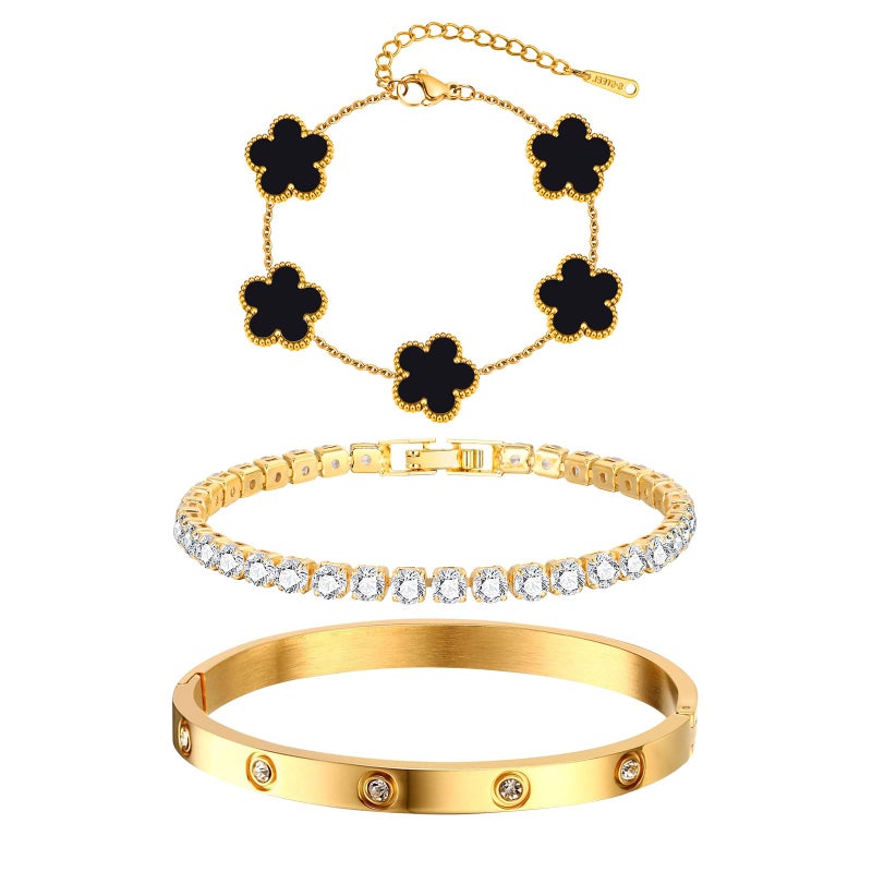 MPRAINBOW Womens Stackable Floral Gold Bracelets , 3Pcs 18K Gold Plated Bracelet,Stainless Steel Bangle Chain Non Tarnish, Bracelet Set Trendy Jewelry,Christmas Valentines Birthday Gifts for Girlfriend - Image 1