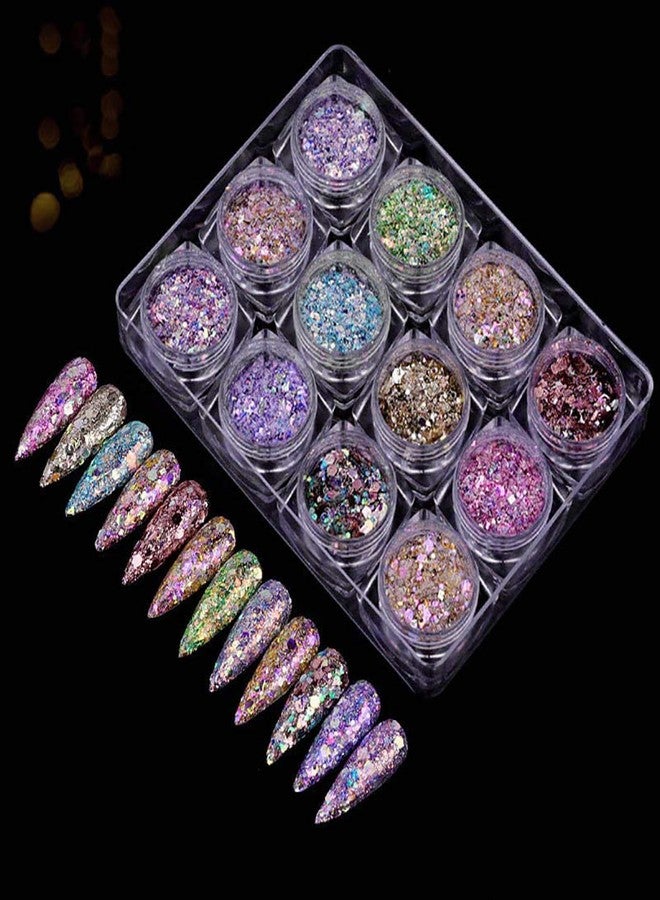 Sethexy 12 Colors Holographic Glitter Salon Manicure Superfine Nails Sequins Mixed Iridescent Paillette for Nails Art (C) - Image 1