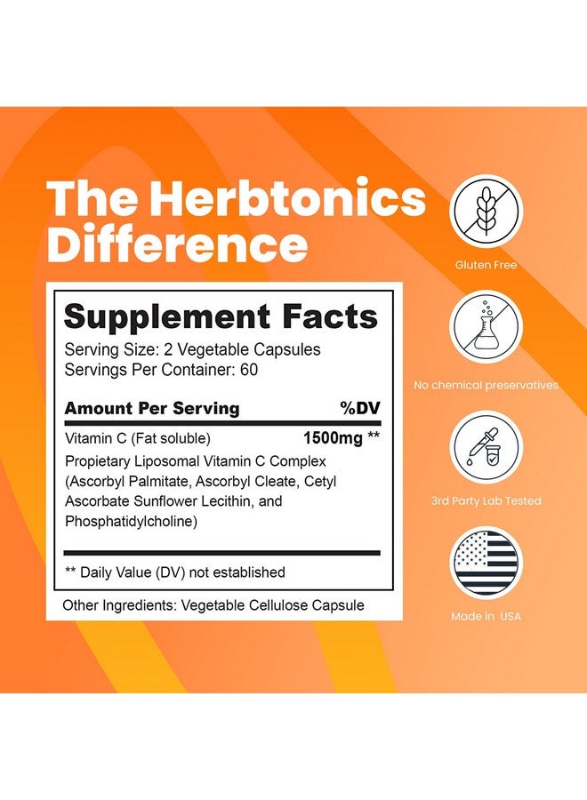 Herbtonics Liposomal Vitamin C Capsules 1500mg Immune Support Supplement | Immune System Health | High Absorption Vitamin C | Contains Collagen | 120 Vegan Capsules Non-GMO - Image 2