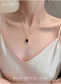 roaiss Retro Emeralds Clavicle Chain Necklace Casual Adjustable Ins Style Minimalist Gemstone Pendant Jewelry Titanium Steel Gift for Female Women Ladies Gold/Black  - Image 2