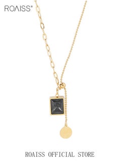 roaiss Retro Emeralds Clavicle Chain Necklace Casual Adjustable Ins Style Minimalist Gemstone Pendant Jewelry Titanium Steel Gift for Female Women Ladies Gold/Black  - Image 3