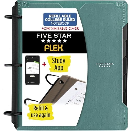 Five Star Flex Refillable Notebook + Study App, College Ruled Paper and 1 Inch TechLock Ring Binder with Customizable Cover, Pockets, Tabs and Dividers, 200 Sheet Capacity, Seaglass Green (29326AQ8) - Image 1