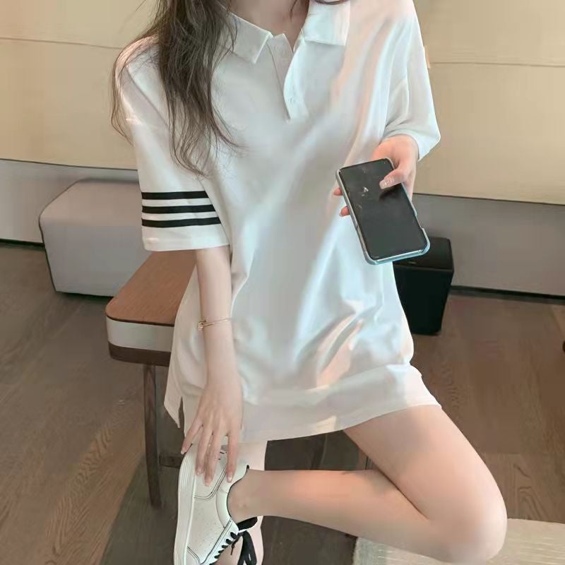 Short-Sleeve T-Shirt For Women, Style, Polo Collar, Striped Solid Color, Trendy Versatile Top On Instagram - Image 1