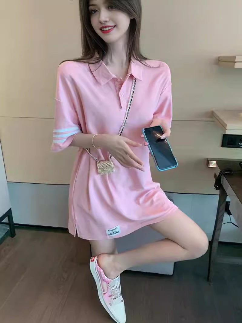 Short-Sleeve T-Shirt For Women, Style, Polo Collar, Striped Solid Color, Trendy Versatile Top On Instagram - Image 2