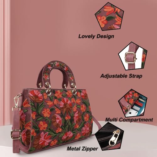 EVEDA Synthetic Leather Gorgeous Embroidery Stylish Design Shoulder Crossbody Hobo Women Handbag, Pink - Image 5