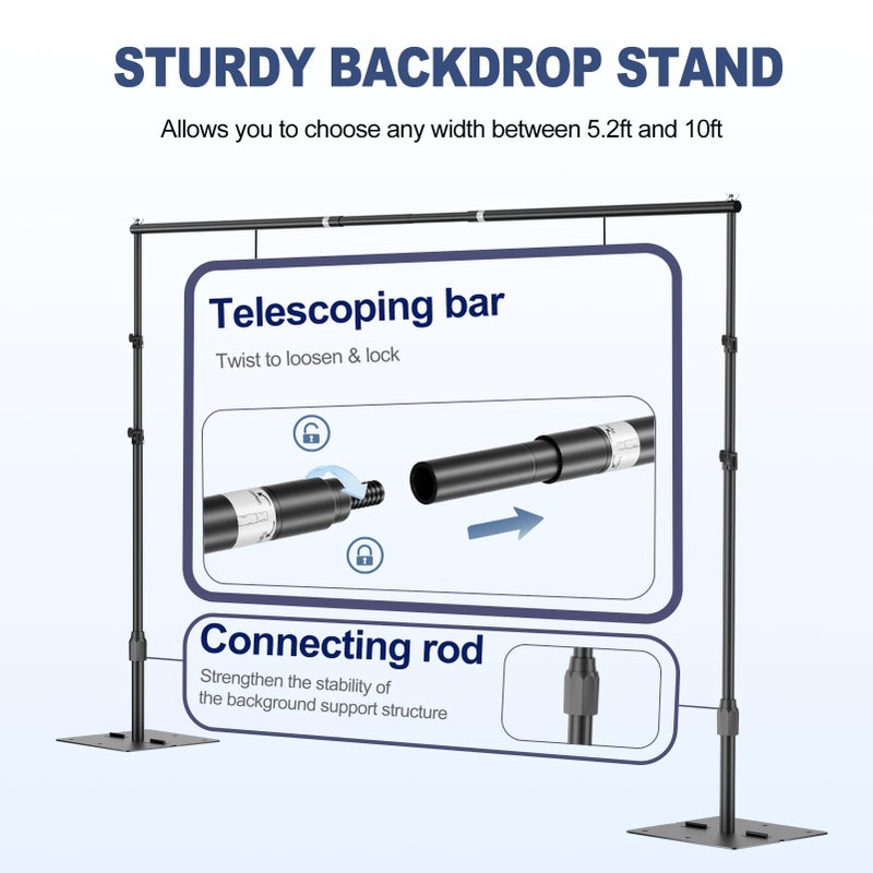 EMART Backdrop Stand,10x7ft(WxH) Adjustable Photo Background Stand with Upgrade Rod,Heavy Duty Flat Base,Metal Pipe and Drape Frame for Wedding,Birthday Party,Decorations,Photography Studio - Image 5