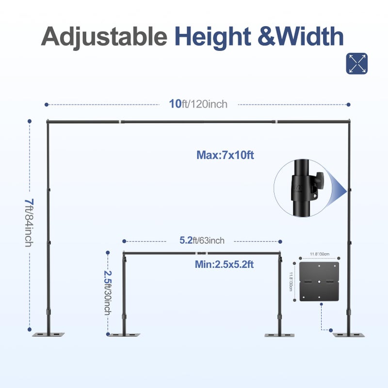 EMART Backdrop Stand,10x7ft(WxH) Adjustable Photo Background Stand with Upgrade Rod,Heavy Duty Flat Base,Metal Pipe and Drape Frame for Wedding,Birthday Party,Decorations,Photography Studio - Image 4