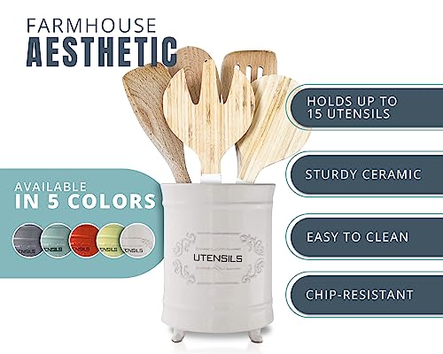 Comfify White Ceramic Utensil Holder – Vintage Style Kitchen Caddy – Shabby Chic Countertop Organizer – Rustic French Country Crock for Cooking Enthusiasts - Image 2