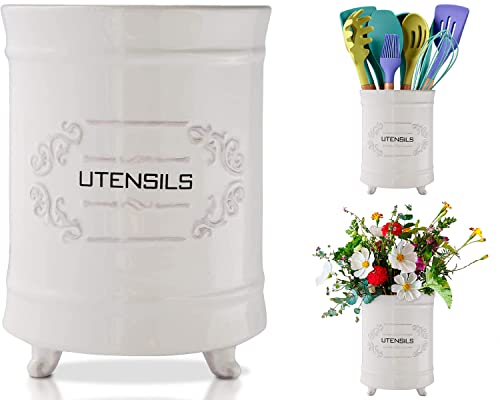 Comfify White Ceramic Utensil Holder – Vintage Style Kitchen Caddy – Shabby Chic Countertop Organizer – Rustic French Country Crock for Cooking Enthusiasts - Image 1
