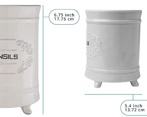 Comfify White Ceramic Utensil Holder – Vintage Style Kitchen Caddy – Shabby Chic Countertop Organizer – Rustic French Country Crock for Cooking Enthusiasts - Image 3
