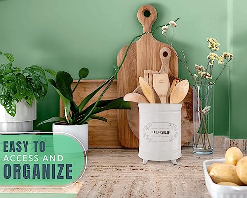Comfify White Ceramic Utensil Holder – Vintage Style Kitchen Caddy – Shabby Chic Countertop Organizer – Rustic French Country Crock for Cooking Enthusiasts - Image 5