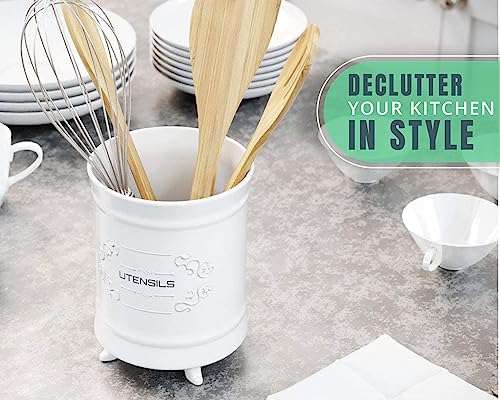 Comfify White Ceramic Utensil Holder – Vintage Style Kitchen Caddy – Shabby Chic Countertop Organizer – Rustic French Country Crock for Cooking Enthusiasts - Image 4