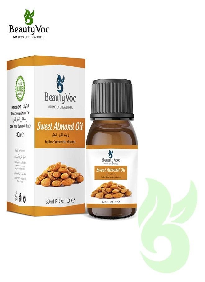 BEAUTY VOC Pure Sweet Almond Oil Extracted from Finest Almonds Enriched in Essential Fatty Acids, Vitamins, and Antioxidants for Skin Hydration, Hair Vitality, Soothing Care and Nourishing Potency 30ml  - Image 1