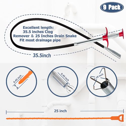 KeyFar 35.5inch Drain Clog Remover(1pcs), 25inch Drain Snake Hair Remover(6pcs) ＆ Cleaning Brush(2pcs), Hair Catcher Drain Auger Cleaner Tool Set For Toilet, Kitchen Sink, Bathroom Tub, Sewer, 9 Pack - Image 2
