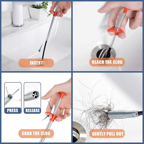 KeyFar 35.5inch Drain Clog Remover(1pcs), 25inch Drain Snake Hair Remover(6pcs) ＆ Cleaning Brush(2pcs), Hair Catcher Drain Auger Cleaner Tool Set For Toilet, Kitchen Sink, Bathroom Tub, Sewer, 9 Pack - Image 4