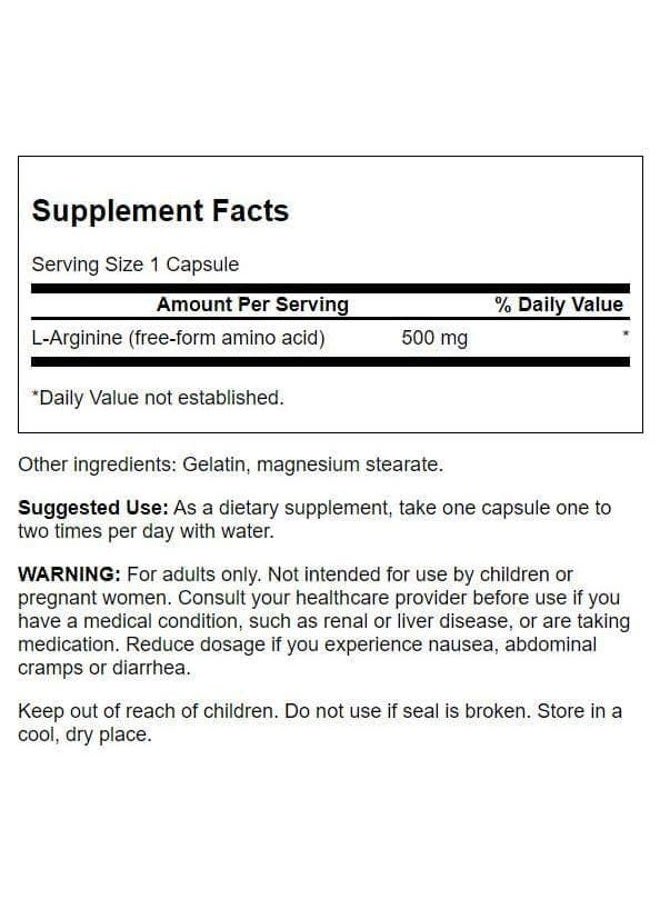 SWANSON L-Arginine 500Mg 100 Capsules - Image 2