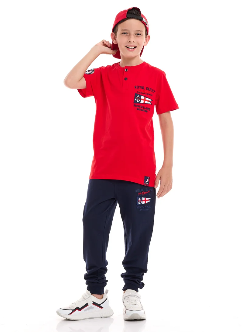 فكتور اند جين طقم تي شيرت وبنطلون رياضي قطن 100% للأولاد مكون منBoys' 2-Piece 100% Cotton T-Shirt & Jogger Set (6-12 Years) - Blue - Grey قطعتين (6-12 سنة) - أزرق - رمادي