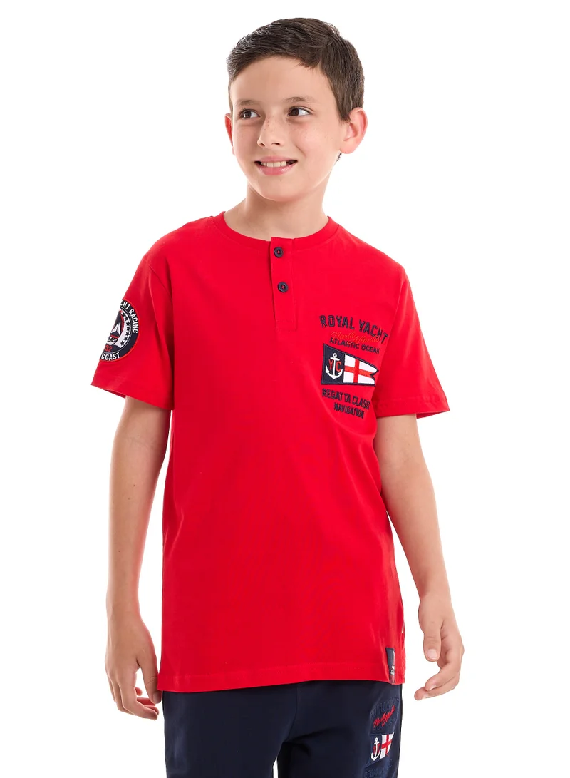 فكتور اند جين طقم تي شيرت وبنطلون رياضي قطن 100% للأولاد مكون منBoys' 2-Piece 100% Cotton T-Shirt & Jogger Set (6-12 Years) - Blue - Grey قطعتين (6-12 سنة) - أزرق - رمادي