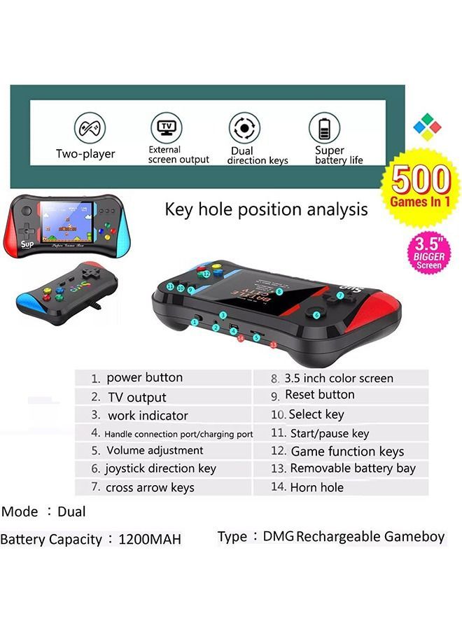 SUP Handheld Game Console Retro Console with 500 Classic Games Supporting 2 Players TV Connection 1200 mAh Rechargeable Battery - Image 3