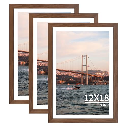 YESKAY 12x18 Picture Frame 3 Pack - Brown Poster Frame Display Pictures 11x17 with Mat or 12 x 18 Without Mat for Wall Hanging Horizontal and Vertical - Image 1