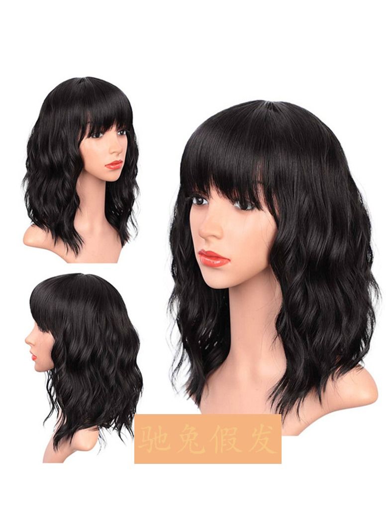 Estelle Estelle Short Wavy Black Wig with Bangs, Middle Length Bob Wigs for Women, Synthetic Natural Looking Heat Resistant Fiber Wigs  - Image 1