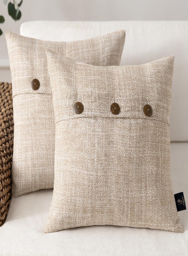 Phantoscope Farmhouse Throw Pillow Covers Triple Button Vintage Linen Decorative Pillow Cases for Couch Bed and Chair Beige, 18 x 18 inches 45 x 45 cm, Pack of 2 - Image 1