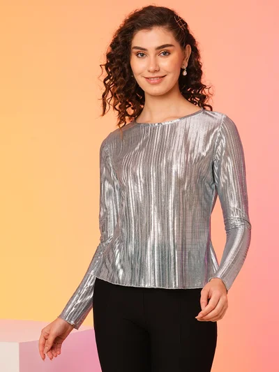 globus Women Silver-Toned Styled Back Sheen Top