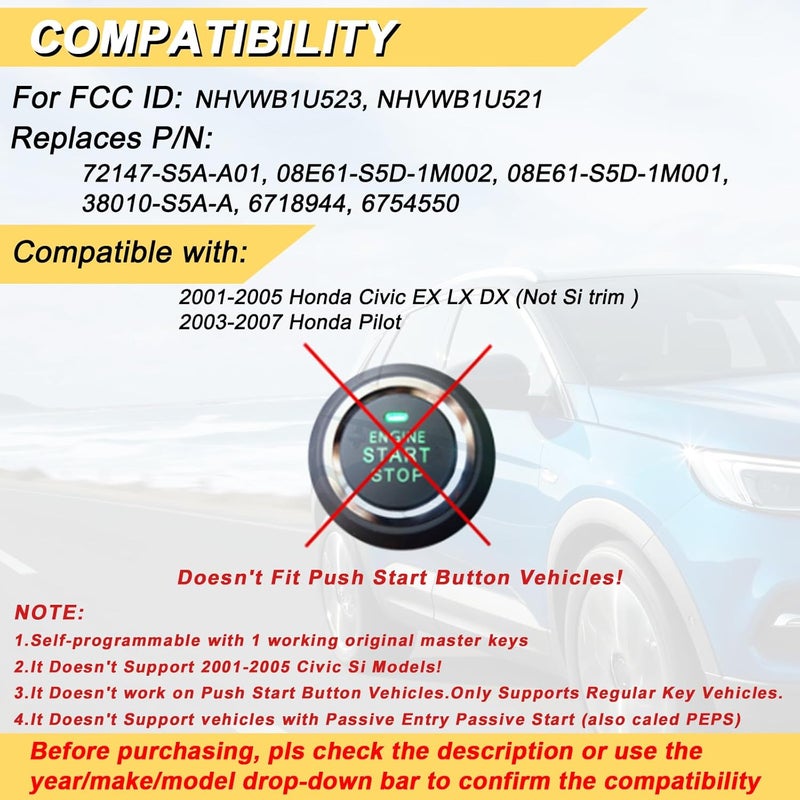 Vurkcy Keyless Entry Remote Car Key Fob for Honda Pilot and Civic - Image 2